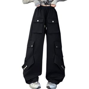 SANGTREE Cargo Pants for Girls Drawstring Waist Y2K Wide Leg Trousers with Pockets, 3-12 Years (6-7 Years, Black)