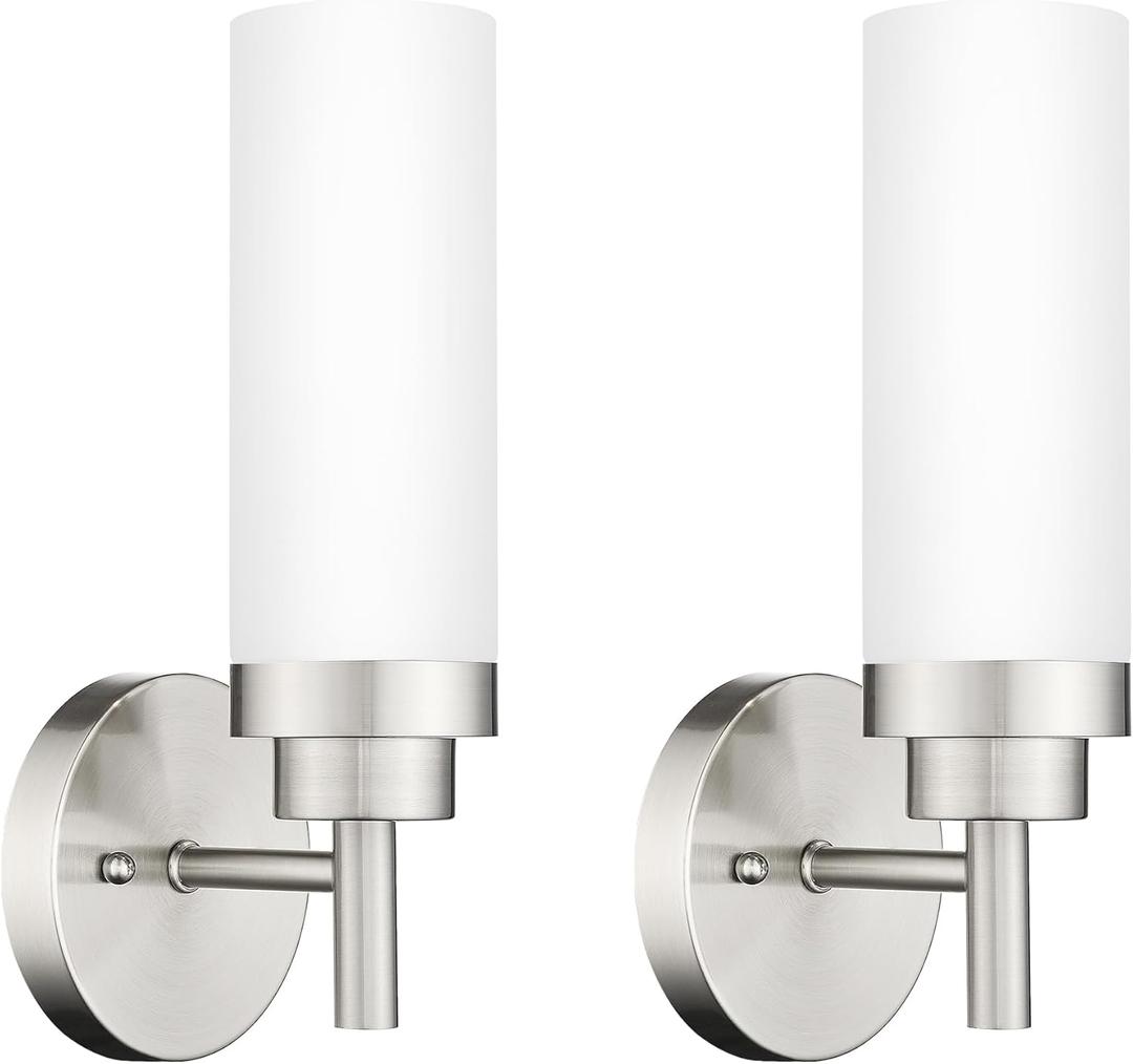 Emak Brushed Nickel Sconces Wall Lighting, Modern Vanity Lights with Milk Glass Shade, Wall Sconce for Bathroom, Bedroom, Living Room, Hallway, WS085-BN-ML-2PK (13 inch - 2PC)
