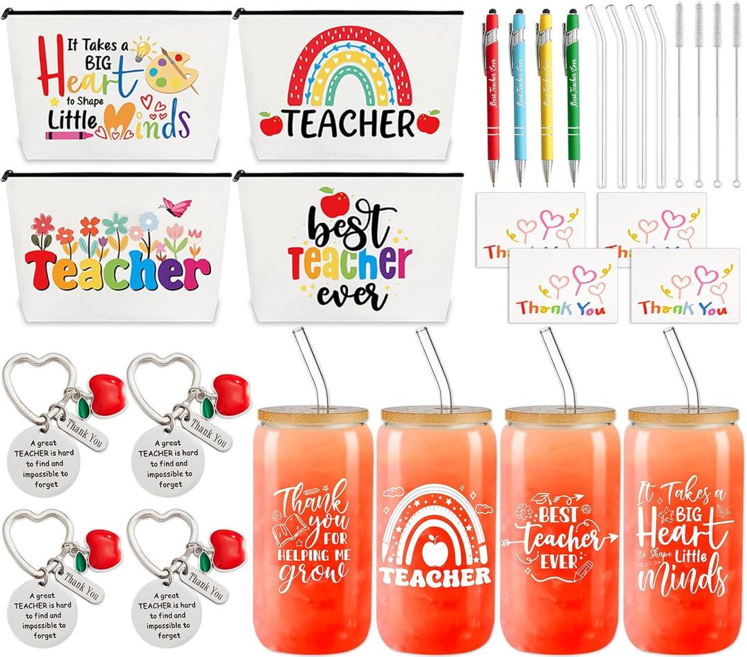 ZOIIWA 28Pcs Teacher Appreciation Gifts Set with Glass Cup Keychains Zipper Bag Pen Greeting Card for Men Women Birthday Thank You Graduation Retirement Gifts Bulk from Students