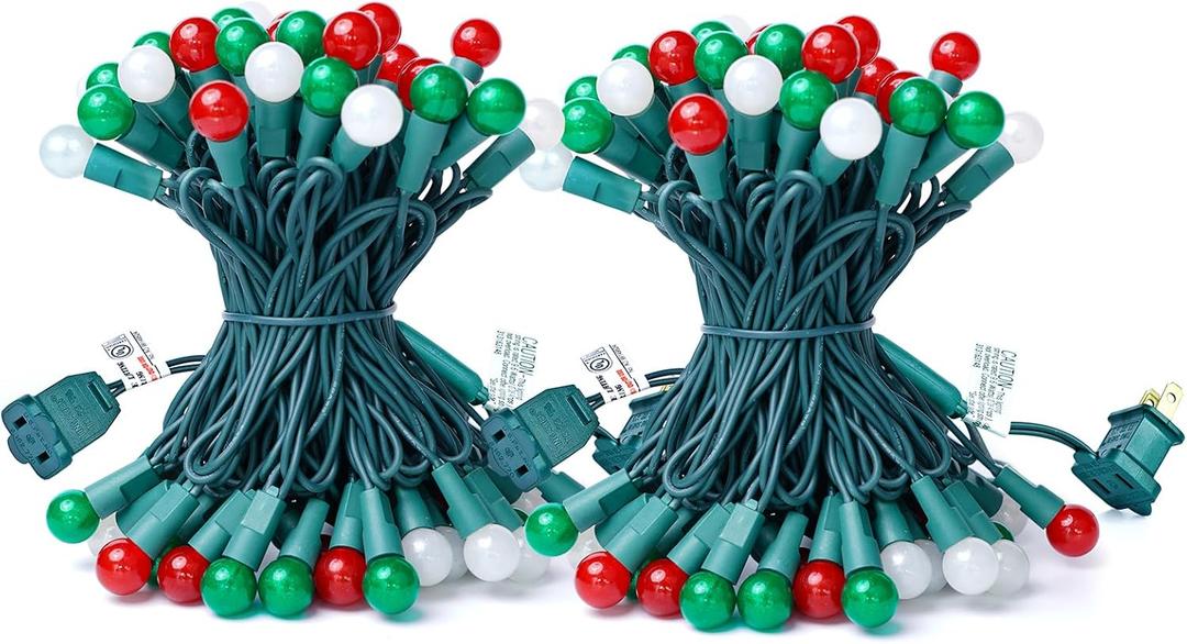 BOHON Christmas Lights 2 Pack 24FT 70 LED G15 Red White and Green Globe Christmas String Lights Plug in with Pearlized Bulbs Green Wire for Outdoor Indoor Patio Xmas Tree Garland Decor