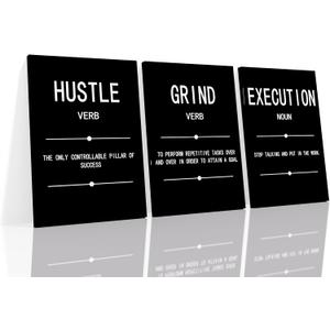 Grind Hustle Execution Noun Motivational Painting Wall Art 3 Pieces Canvas Print Inspirational Office Decor Poster Inspiring Quotes Framed for Wall Art Decoration Ready to Hang [60''Wx 28''H]