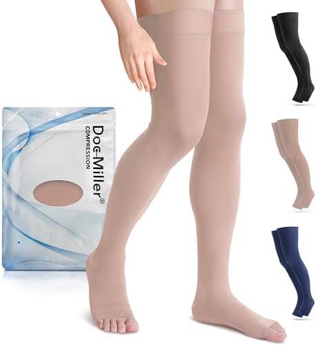 Doc Miller Thigh High Open Toe Compression Stockings 15-20mmHg for Varicose Veins, Pregnancy Support Open Toe Thigh High Compression Socks for Women and Men XL