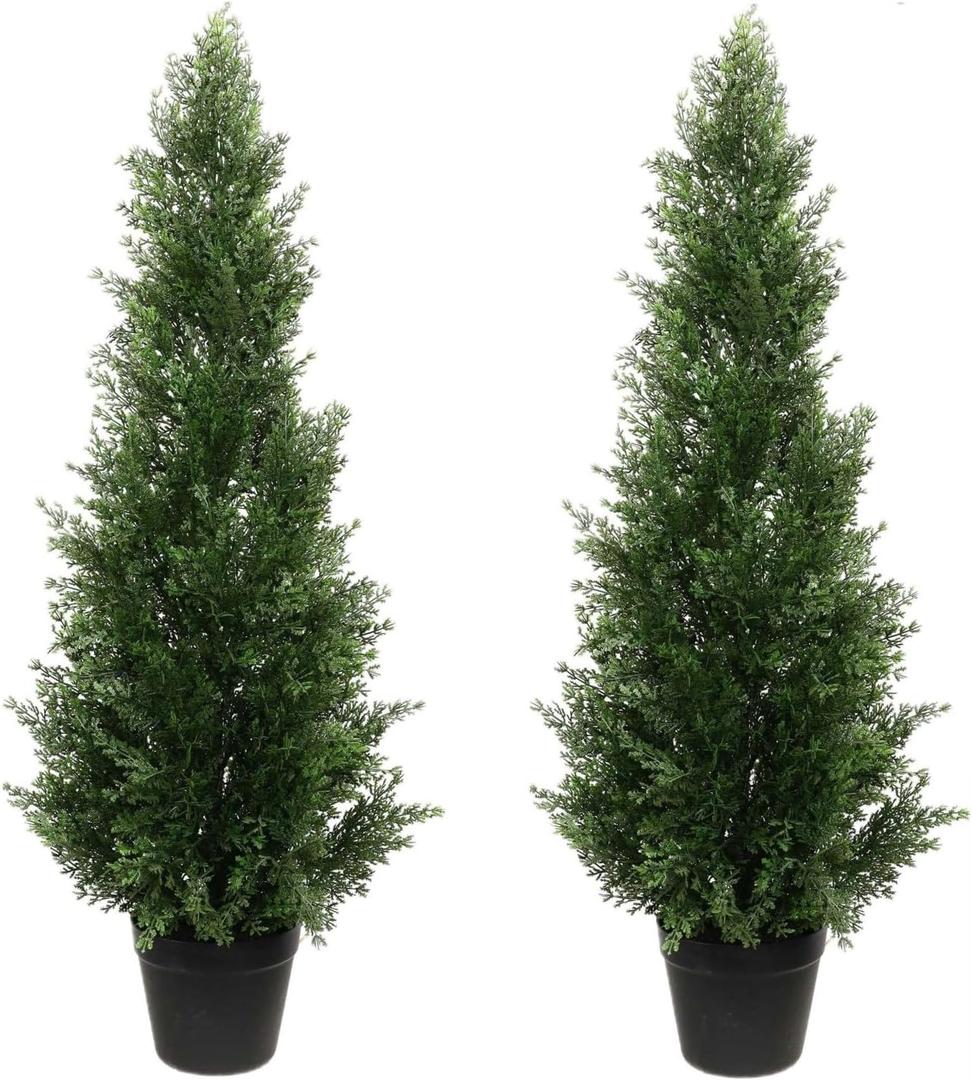 3ft Artificial Cedar Tree  Outdoor Cedar Tree for Porch, Garden or Patio  UV Resistant Faux Cedar Trees for Outdoor Planters  Faux Cedar Topiary Plants for Planters & Home Decor (2 Pack)