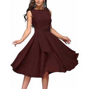FENJAR Women's Elegance Audrey Hepburn Style Ruched Dress Round Neck Sleeveless Swing Midi A-line Dresses (US, Alpha, XX-Large, Regular, Regular, A-Wine)