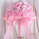 9.8" Pink Bridal Wedding Bouquet Throw Toss Artificial Rose Flower Bunch with Bling Brooch for Bride Bridesmaid Wedding Quinceanera