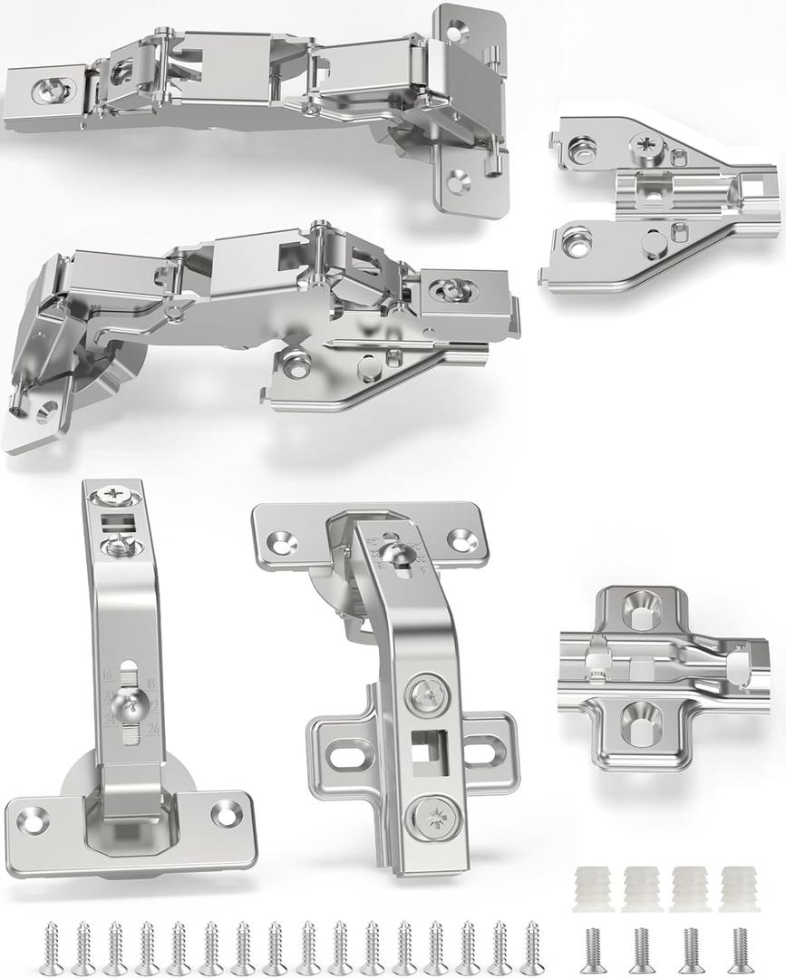 Chibery 4 Pair 135 Degree & 165 Degree Hinges Kit for Pie Corner Cabinets, Hidden Lazy Susan, Face Frame Self Closing, Clip On, Smooth Slow Close, Concealed Mount for Bi-fold Door, Kitchen Cupboard