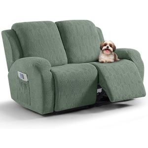 VANSOFY Recliner Loveseat Cover, 6-Pieces Stretch Dual Recliner Sofa Cover Soft Jacquard Reclining Couch Slipcover Furniture Protector with Elastic Bottom for Kid, Pets(2 Seat,Bean Green)