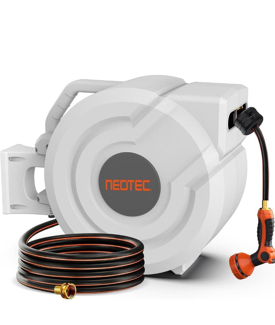 5/8 in 100ft Retractable Garden Hose Reel with Any-Length Lock Slow Auto Rewind Heavy Duty Water Hose Reel With 9-Pattern Nozzle 180 Swivel Bracket UV Resistant Wall Mounted Hose Reel for Outsidel 