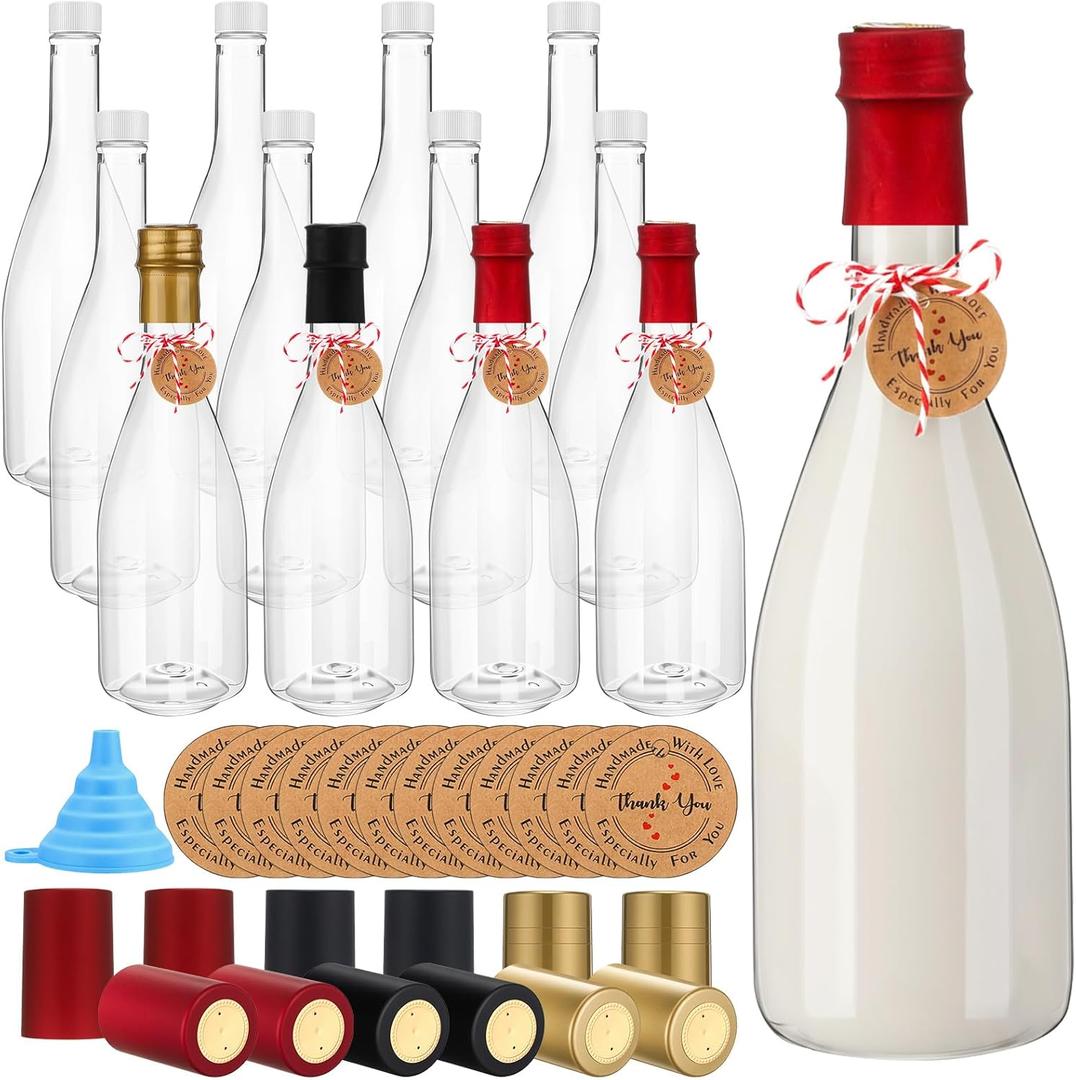 Baderke 12 Pack 750 ml Christmas Plastic Coquito Bottles 25 oz Christmas Empty Champagne Bottles with Lids Heat Shrink Caps Stickers Labels for Homemade Coquito Drinks Xmas Party (Multicolor)