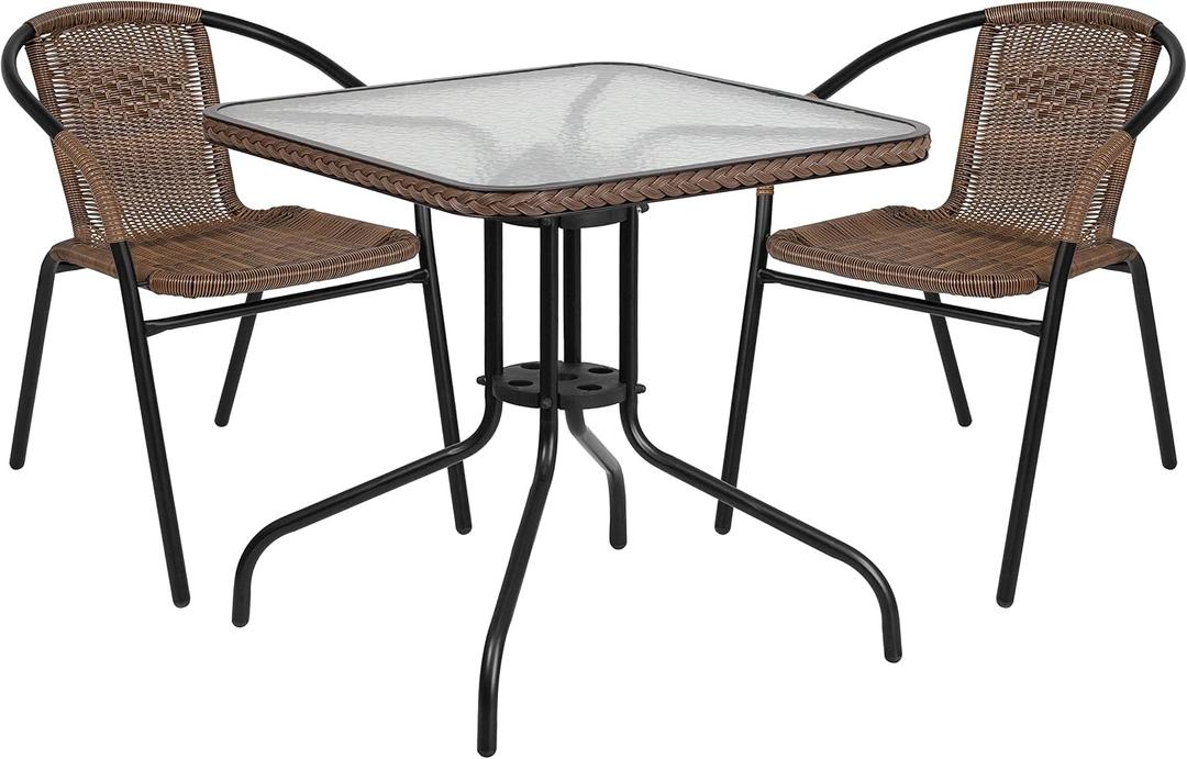 Flash Furniture Lila 3-Piece 28" Square Indoor/Outdoor Patio Table and Chairs Set, Glass Metal Bistro Table and 2 Stacking Rattan Chairs, Brown