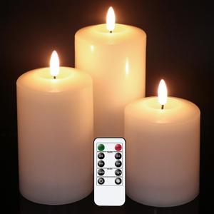 DRomance Battery Operated Flameless LED Candles with Remote and Timer Set of 3 White Real Wax 3D Wick Flickering Candles Indoor Home Holiday Wedding Decor(3 x 4.6, 5.8, 6.8 Inches) (3 Pack Remote)
