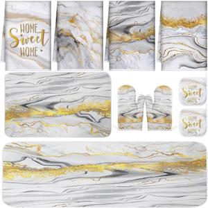 10 Pcs Marble Farmhouse Kitchen Decor Accessories Set Marble Kitchen Dish Towels Rugs Oven Mitts and Pot Holders Sets for Cooking Baking Daughter Mom Gift(White)