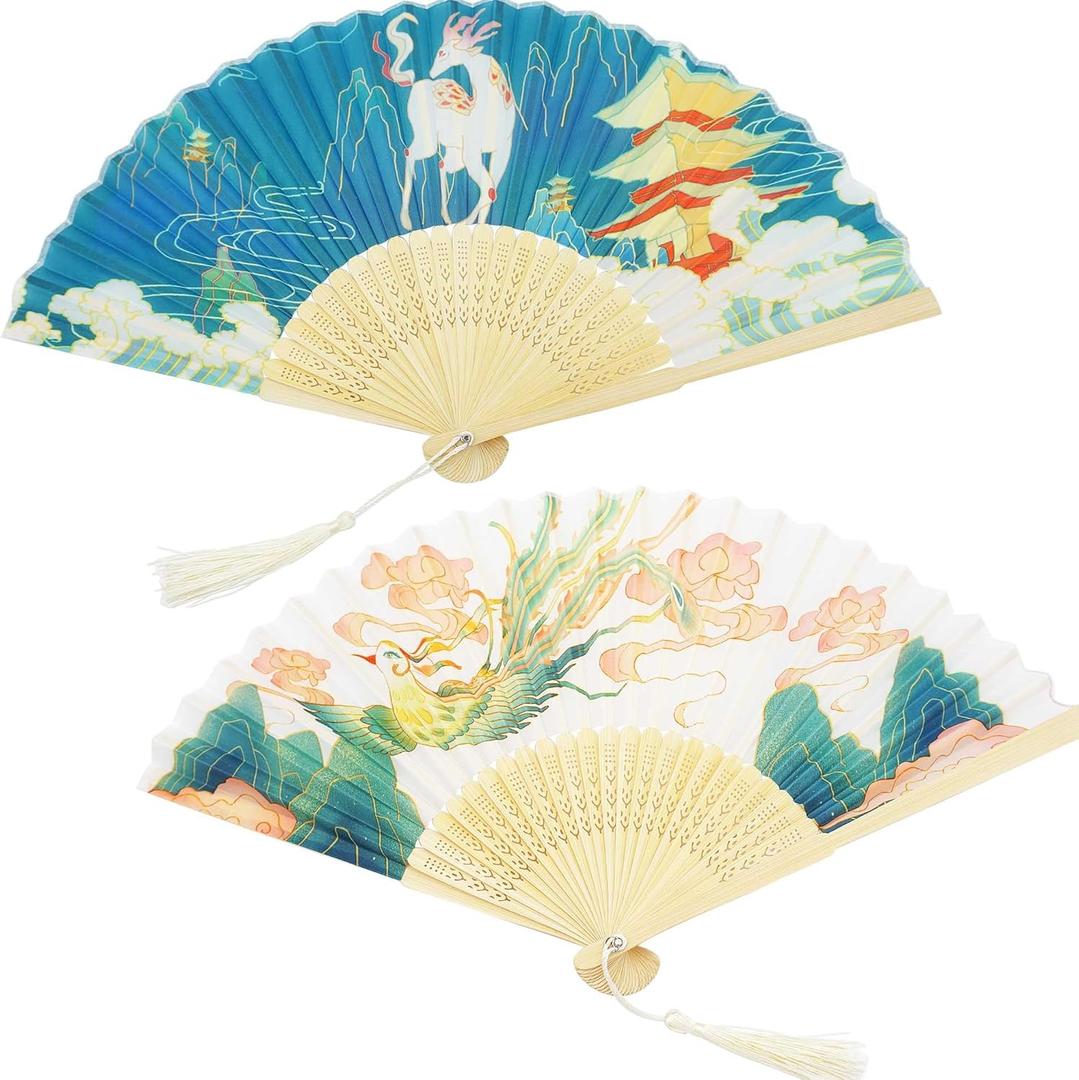 2 x 2 Pack Folding Fans Hand Fans for Women Foldable Handheld Fan Abanicos de Mano Hand Held Chinese Style Silk Bamboo Fans for Dancing Cosplay Wedding Party Props Decoration, Fairyland Color Phoenix Deer