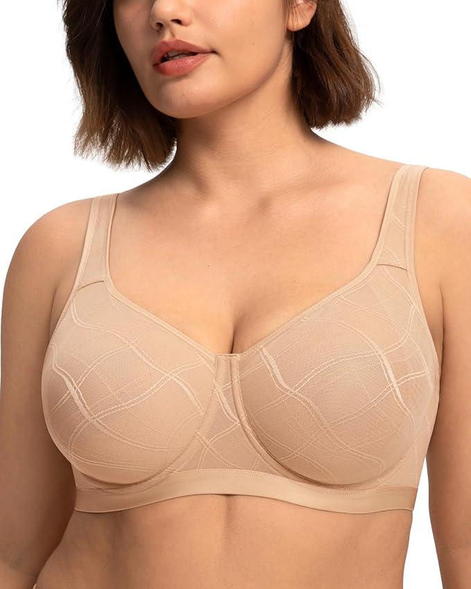 HSIA Minimizer Bras for Women Full Coverage Underwire Plus Size Unlined Mesh Jacquard Bra with Wide Straps Light Beige 42DD