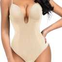 Decorus Women's Low Back Shapewear Tummy Control Deep V Neck Backless Body Shaper Plunge Thong Bridal Bodysuit Built in Bra, L 