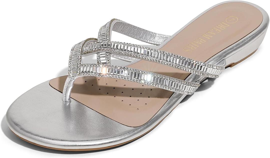 DREAM PAIRS Women's Fashion Rhinestones Design Slides Sandals Dress Daily Flat Sandals for Summer