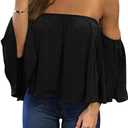 Bluetime Women Summer Off Shoulder Chiffon Blouse Ruffles Short Sleeves Tops Casual T Shirt (Small, Black)
