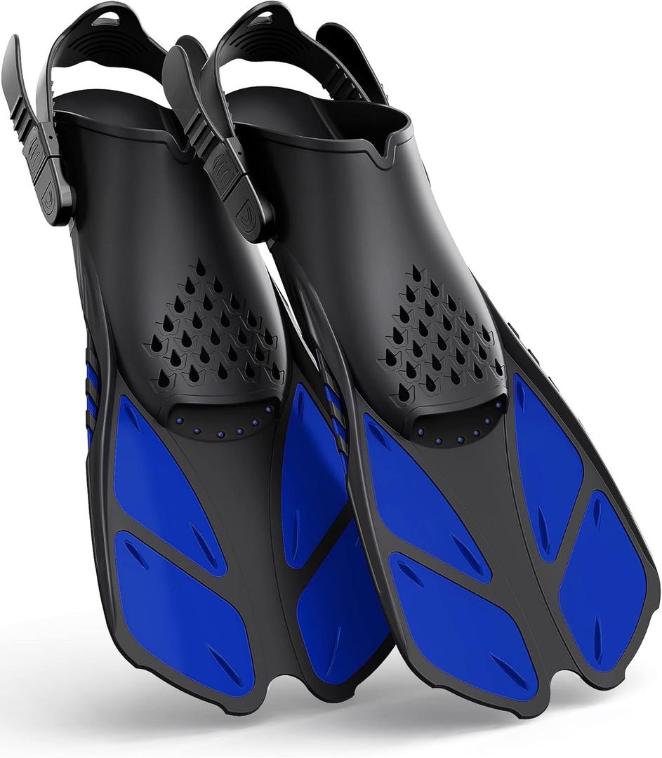 Greatever Snorkel Fins Adjustable Buckles Open Heel Swim Flippers Travel Size Short Swim Fins for Snorkeling Diving Swimming Adult Men Womens (L/XL(Adult US Size 9-13), Blue)
