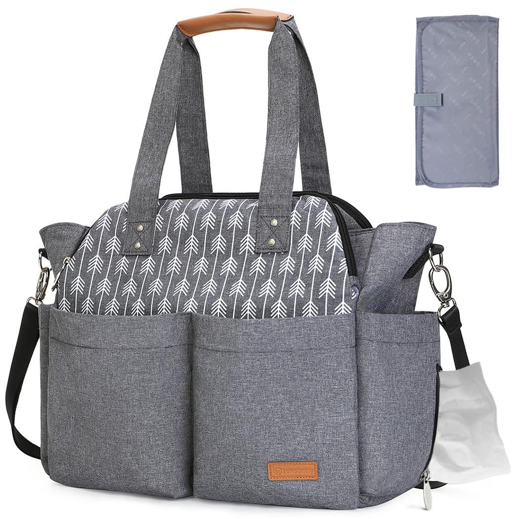 Lekebaby Diaper Bag Tote, Large Diaper Bags Waterproof,Large Mommy Bag for Hospital, Baby Bags for Mom Travel Diaper Tote Messenger Purse,Grey, Arrow Print (Dark Gray)
