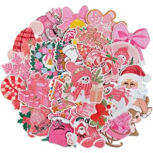 24 Pcs Pink Christmas Iron on Patches, Cute Reindeer, Santa Claus, Snowmen, Christmas Trees Xmas Embroidered Patches for Clothing, Socks, Backpacks, Jeans, Hats, DIY Decorations