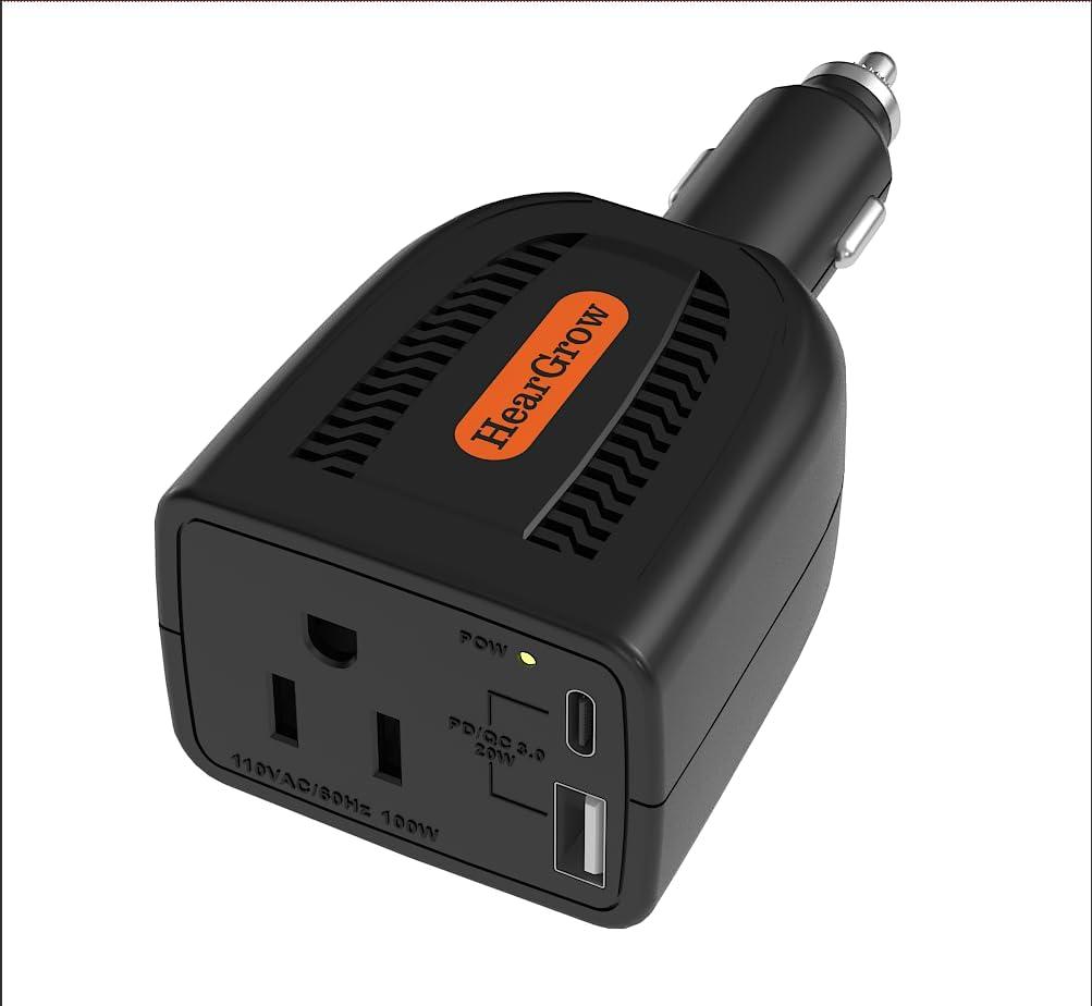 HearGrow100w Car Power Inverter, 12V DC to 110V AC Vehicles Converter with USB PortsPlug Adapter Outlet and Fast Charging PD3.0 Type-C for Phones, Pads, Laptops and Computer Charger