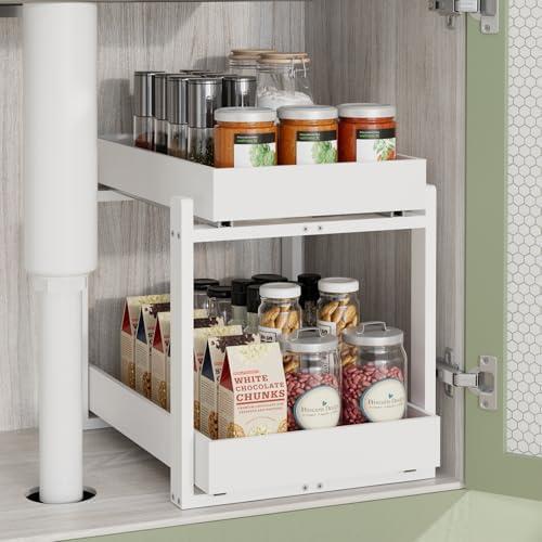 APRTAT 2 Pack Under Sink Organizer, Bamboo Wooden 2-Tier Pull-Out Storage with Sliding Drawers for Kitchen and Bathroom Cabinets, Easy Installation (White, 1 pack)