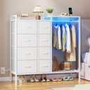 HIGDBFE Dresser with Hanging Rack, 8-Drawer Dresser for Bedroom with Charging Station & LED Lights, Fabric Dressers with Shoe Rack, Chest of Drawers with Wooden Top for Bedroom, White, 11.8" D