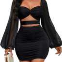 GothDark Womens Sexy Mesh Dress Bodycon Cut Out Puff Sleeve Ruched Party Club Homecoming Mini Dresses, XL 