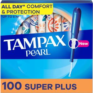 Tampax Pearl Tampons, with LeakGuard Braid, Super Plus Absorbency, Unscented, 100 Count (2 Packs of 50)