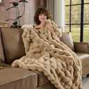 Lotus Karen Queen Size Faux Fur Blanket Khaki - Big Bubble Rabbit Fluff Blanket for Bed, Large Fluffy Fuzzy Cozy Blanket, Thick Furry Plush Shaggy Blankets, 90x90 Inches