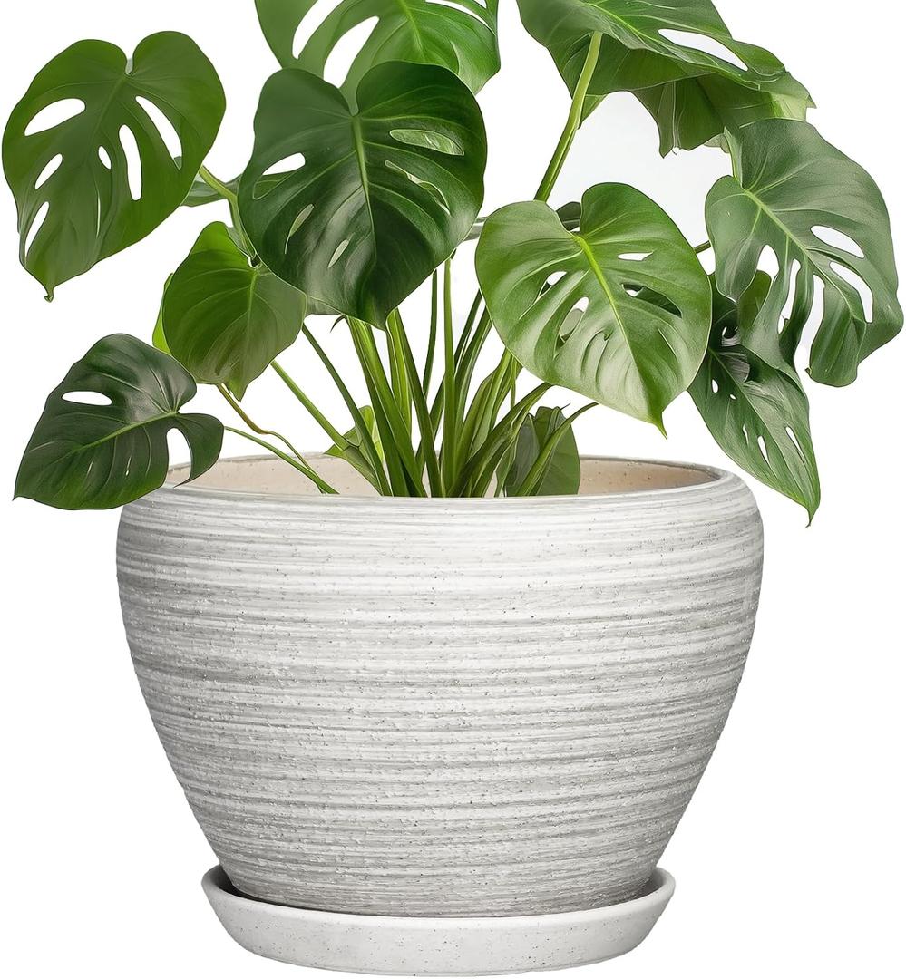 Indoor Plant Pots 8 Inch, Ceramic Plant Pots, Textured Grey