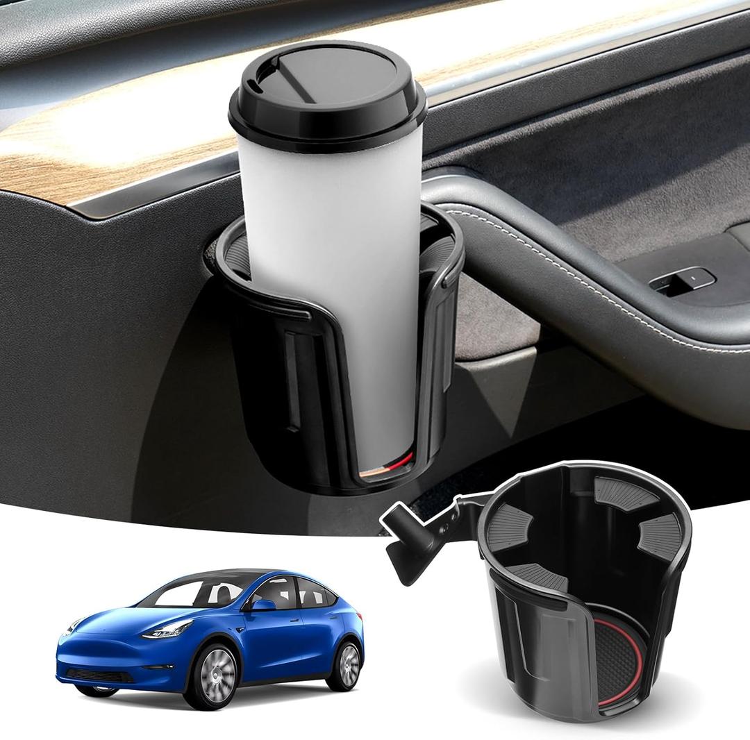 Shademax Car Cup Holder for Tesla Model Y 2020-2025 / Model 3 2017-2023 Accessories Left Side Door Cup Holder with Rubber Coaster Compatible with Yeti Ramblers 20/26/30oz, 2.95"-3.7" Cups & Bottles