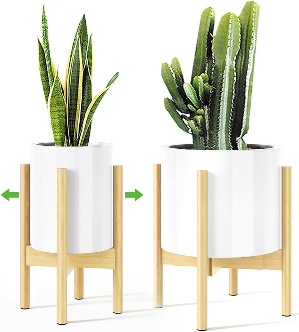 MUDEELA 14 Inch Tall Plant Stand for Indoor, Adjustable Width Bamboo Plant Stand for 8 9 10 11 12 Inches Pot, Single Tier Planter Holder Floor Stand, Mid Century Modern Style, Natural, Without Pot