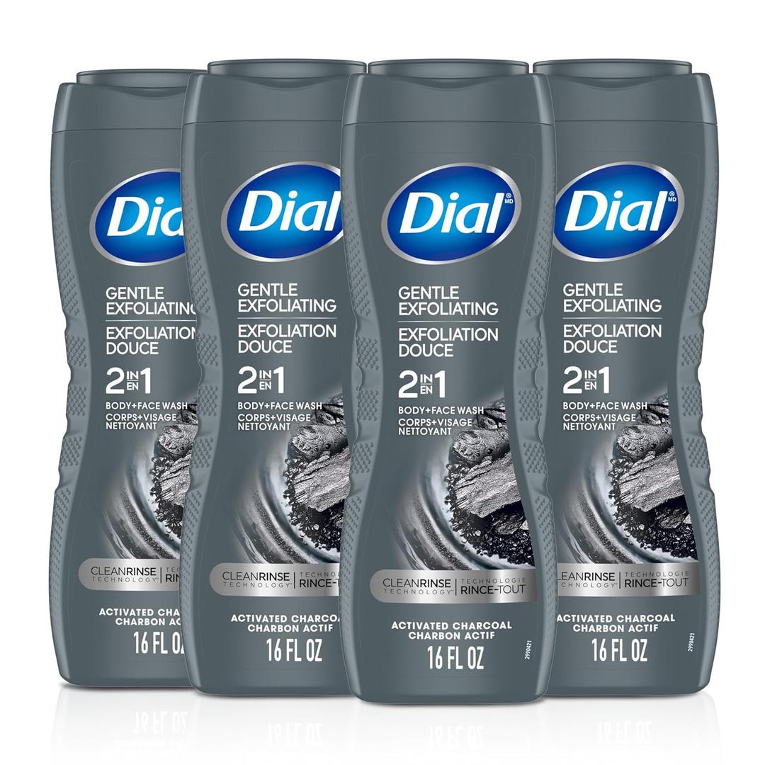 Dial Men 2 in 1 Body and Face Wash, Activated Charcoal, 16 Fl Oz, Pack of 4, Gentle Exfoliating Body Wash with Clean Rinse Technology