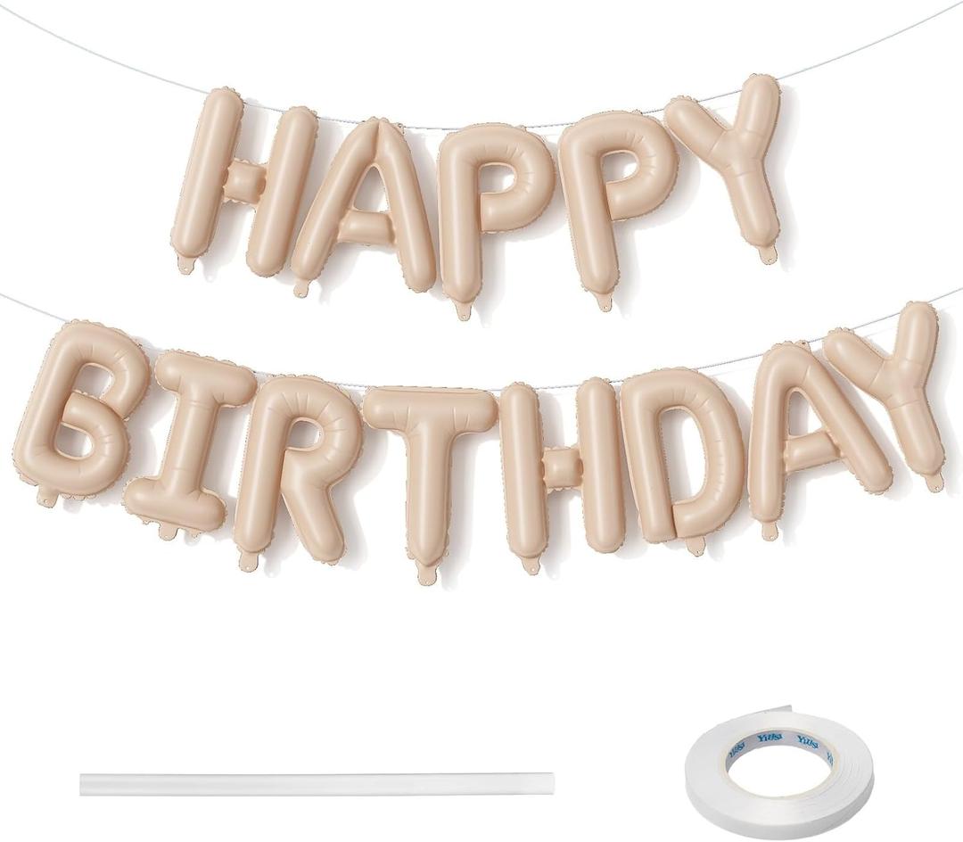 Happy Birthday Balloon Banner Beige, 16 Inch Neutral Tan Self Inflating Happy Birthday Foil Balloon, Nude Born Day Bunting Banner Letter Balloons for Men Women Bday Party Decorations Supplies