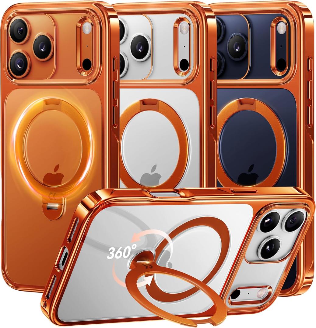 CASEKOO Cosmic Orange Glossy for iPhone 17 Pro Max Case [360 Spin Magnetic Stand][Fit for MagSafe][17FT Military Protection] Slim Polished Frame Titanium Alloy Sturdy Stand 6.9", Cosmic Orange