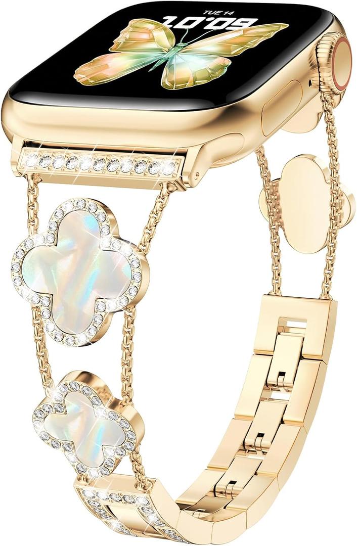 CTYBB Bling Diamond Band Compatible with Apple Watch Bands for Women 42mm 44mm 45mm 46mm Series 11 10 9 8 7 6 5 4 SE 3 2 1, Sparkle Metal Bracelet Wristband, Cute Lucky Clover Dressy iWatch Band,Gold/White