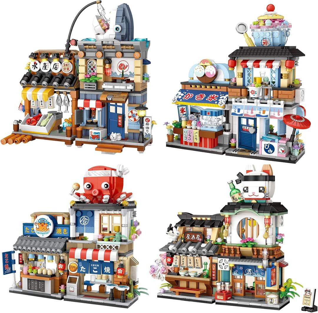ELAICREE Japanese Street View Shop Building Blocks House Toy, New 4 Models Mini DIY Building Blocks Model MOC Construction Toy, Gift for 6-12 Years Old Kid Girls and Boys