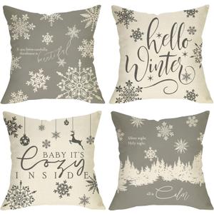 Hello Winter Grey White Decorative Throw Pillow Cover 16x16 Set of 4, Baby It's Cozy Inside Christmas Snowflake Home Decorations, Pine Tree Holiday Reindeer Farmhouse Cushion Case Decor for Couch (Gray)