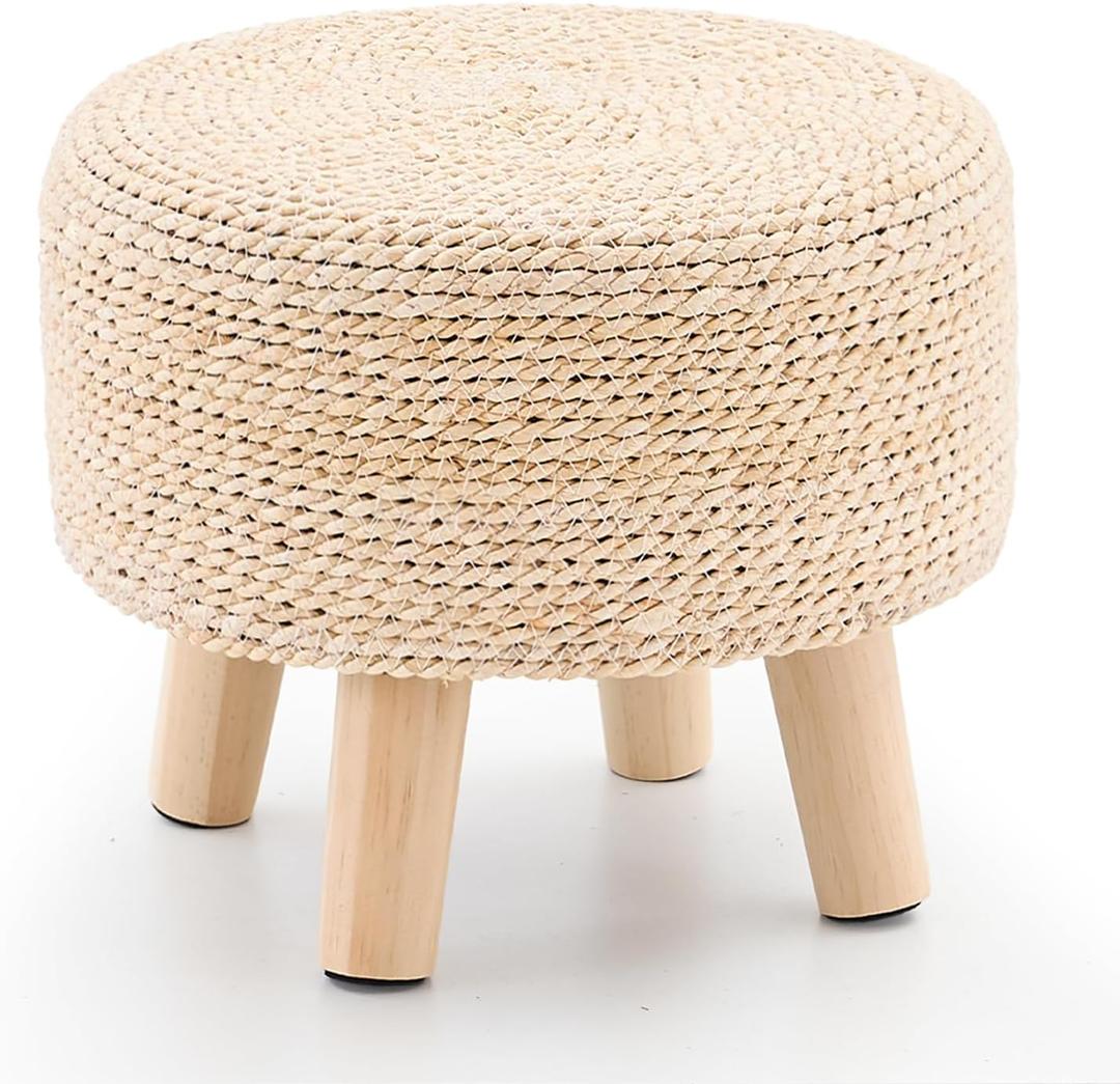 Cpintltr Ottoman Natural Seagrass Footrest Poufs Hand Weave Round Foot Stool for Couch Desk Soft Step Stool Padded Foot Rest with Pine Legs for Living Room Bedroom (Natural White)