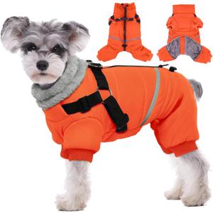 BRKURLEG Small Dog Winter Coat with Harness Built in, Orange Winter Dogs Jackets, Fullbody Dog Coat, Dogs Snowsuits Reflective Windproof Cold Weather Coats, Pet Warm Fleece Coats, M
