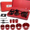 12-Piece Hole Saw Kit, Includes 8 Sizes (3/4" to 2-1/2"), Arbors, Drill Bits, and Hex Key, Ideal for Softwood, Plywood, and PVC(RED)