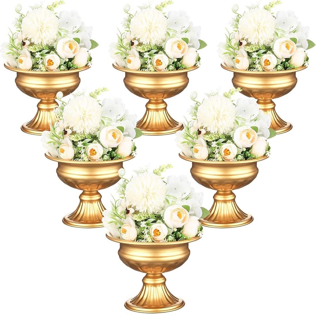 6 Pieces Mini Sized Metal Urn Planter Wedding Centerpieces Vase Gold Flower Vase Compote Vase Pedestal Vase 4.72 Inch Tall Home Flower Stand Small Plant Pots for Birthday Anniversary Ceremony