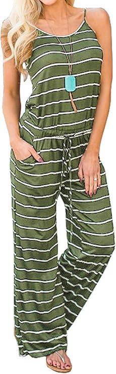 Artfish Women Casual Sleeveless Spaghetti Strap Striped Lounge Pajama Jumpsuit, Size M
