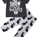 Kayotuas Toddler Infant Baby Boy Easter Outfit Bunny Letter Printed T-Shirt Tops and Jogger Pants Set Summer Clothes (Red)