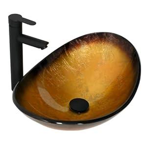 Lofeyo Bathroom Sink 21" Yellow Glass Vessel Sink With Faucet And Drain Combo Modern Boat Shape Artistic Basin Bathroom Vessel Sink Above Counter Small 6" Deep Vessel sink Oval Sink LOF-BL33554