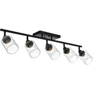 5-Light Black Track Lighting Kit Ceiling Mount Kitchen Track Lighting Fixtures, Bathroom Ceiling Tracking Vanity Light with Bubble Seeded Glass Shade & Rotatable Tracking Heads for Accent Shop