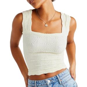 Women's Square Neck Wide Strap Crop Tank Tops Flower Going Out Tops Slim Fit Lettuce Trim Crop Cami Tops (Small, Beige)