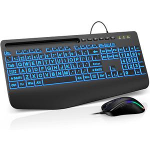 Wired Keyboard Mouse Combo - Large Print Backlit, Ergonomic Wrist Rest, 6 DPI RGB for PC/Windows - Ideal for Seniors, Students, Office and Home SABLUTE