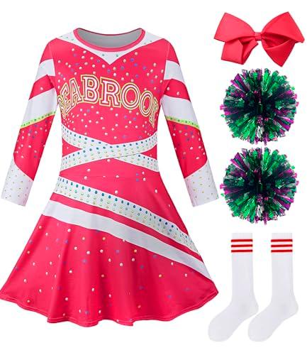 HANERREAL Girls Cheerleader Costume Outfit Halloween Cheer Uniform Dress Up with Accessories (Rose Red, Small(5-6 T))